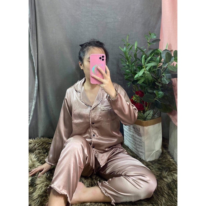 Đồ bộ pijama Lụa viền bèo-Tay dài Quần dài | BigBuy360 - bigbuy360.vn
