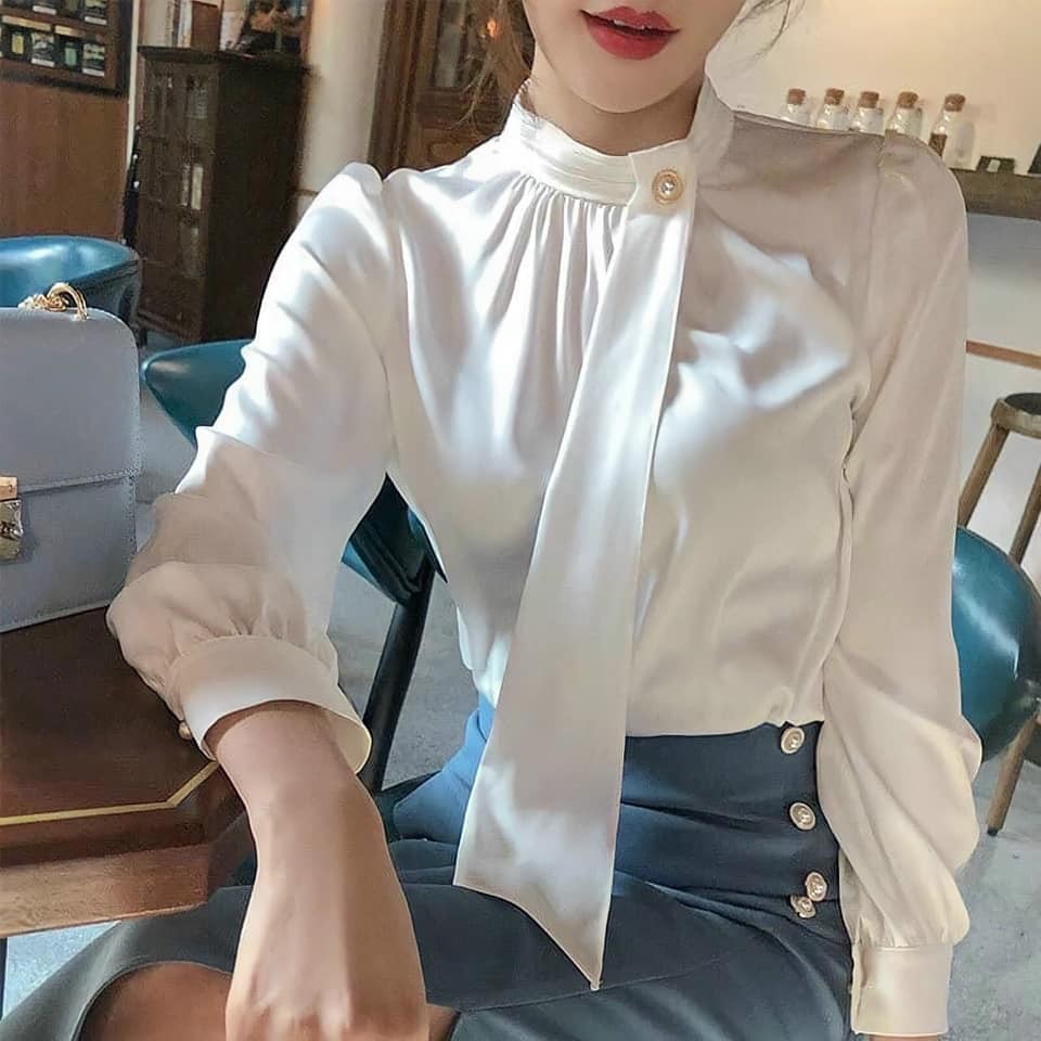 Áo Sơ Mi Trắng Lụa Tằm Cài Nơ (Rẻ bất chấp)