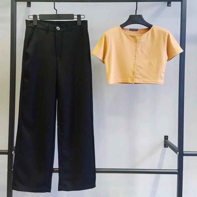 Set Áo Croptop Nút- Quần Tây Trơn Ống Suông Ảnh Thật