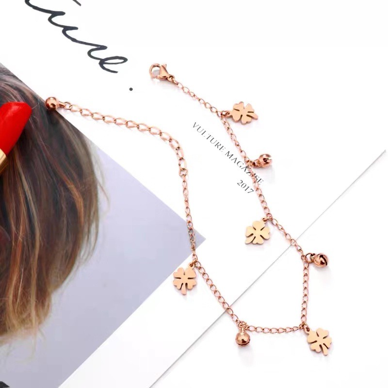 Lắc chân bằng thép titan mạ vàng hồng 18K/vàng/bạch kim mặt hình cỏ bốn lá dễ thương chống nước chống gỉ cho nữ