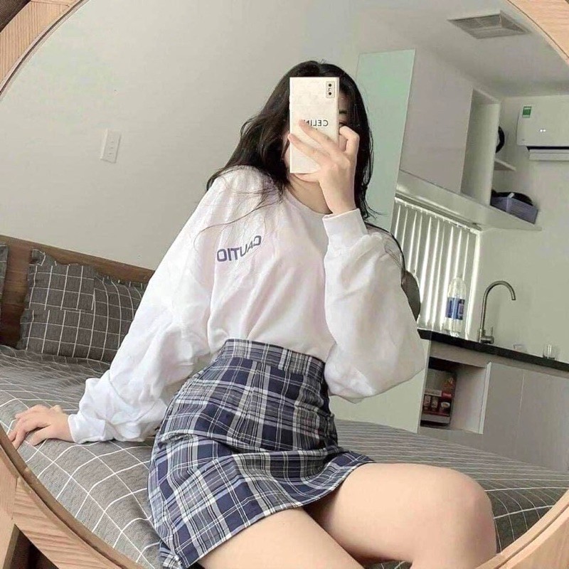 [Rẻ Vô Địch]Set Chân Váy Kẻ Caro Mix Kèm Áo Thun Dài Tay Bồng In Chữ Nhỏ Ulzzang( Có Sẵn, Ảnh Thật) | BigBuy360 - bigbuy360.vn