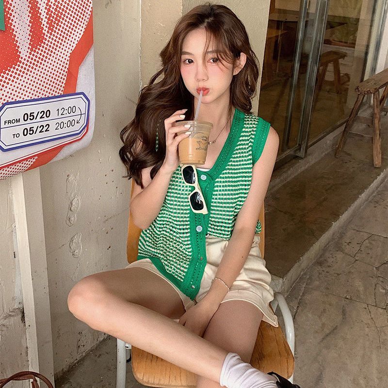 Áo Khoác Cardigan Không Tay Cắt Xẻ Bằng Lụa Băng Kẻ Sọc Thời Trang Mùa Hè Mới Ngọt Ngào Cho Nữ Ins Spicy Pure Desire