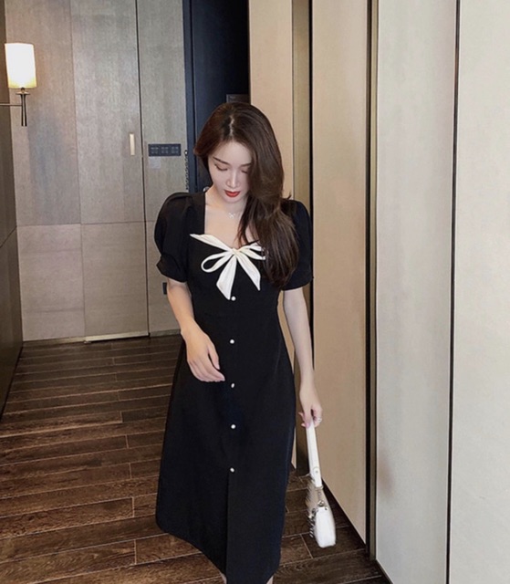Đầm cổ vuông tiểu thư đen phối nơ cổ