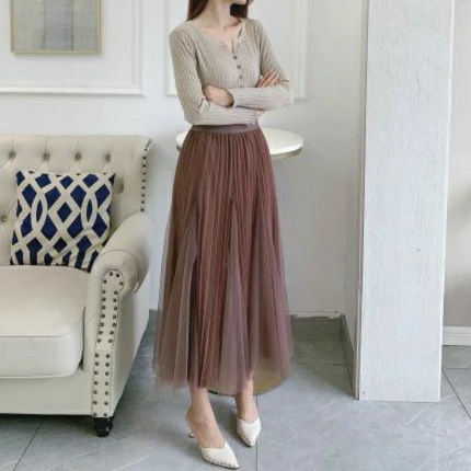 Chân váy midi dài xếp ly mix voan quảng châu cao cấp