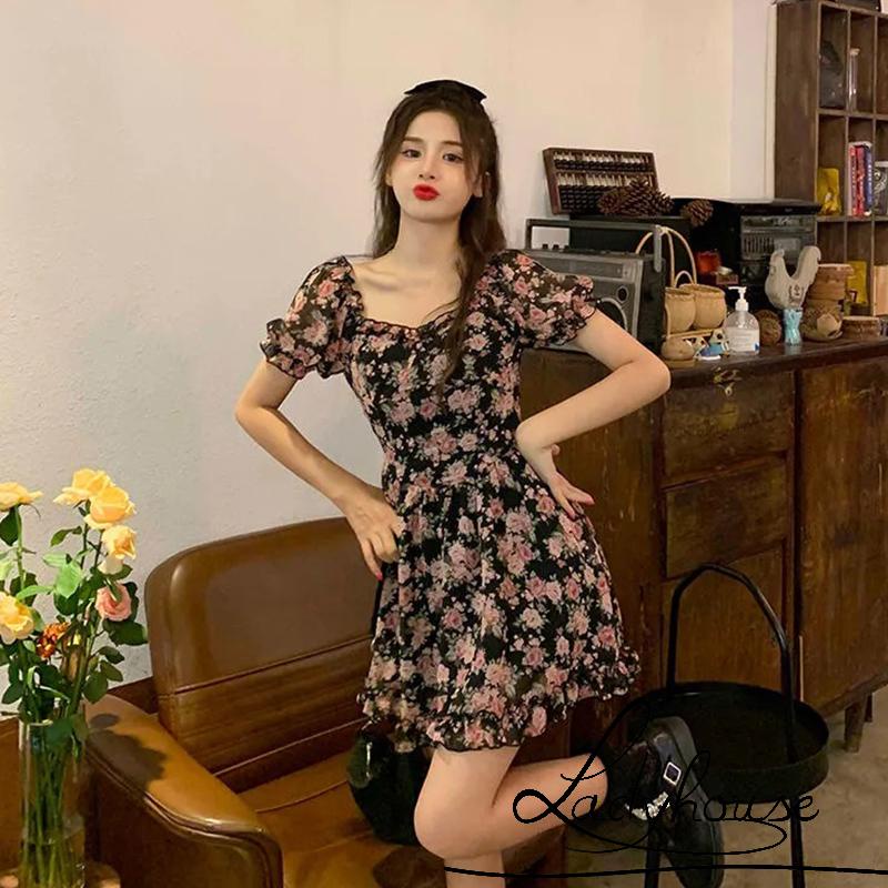 Đầm chữ A mini cổ vuông tay ngắn phồng eo cao thời trang mùa hè cho nữ