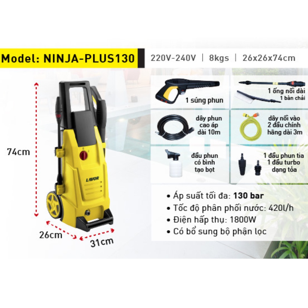 Máy phun rửa áp lực nước Lavor NINJA-PLUS130 động cơ chổi than đã bao gồm dây cấp nước, Bảo hành chính hãng 1 năm