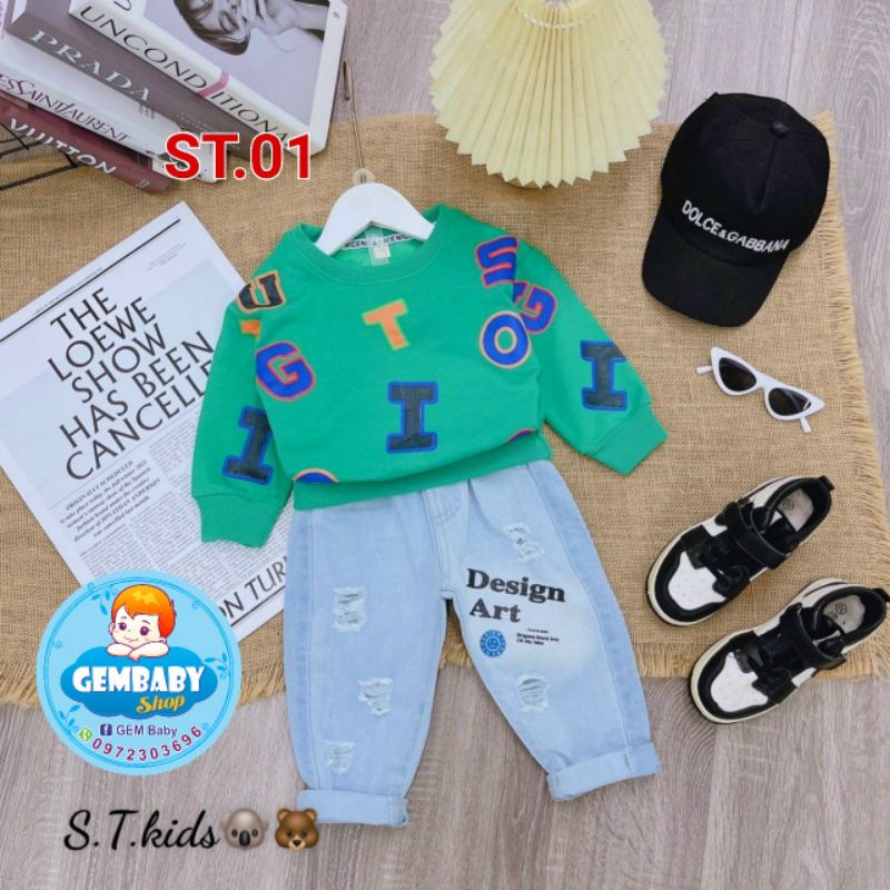 Set thời trang thu đông áo thun quần jeans cho bé trai siêu đẹp, 12-22kg
