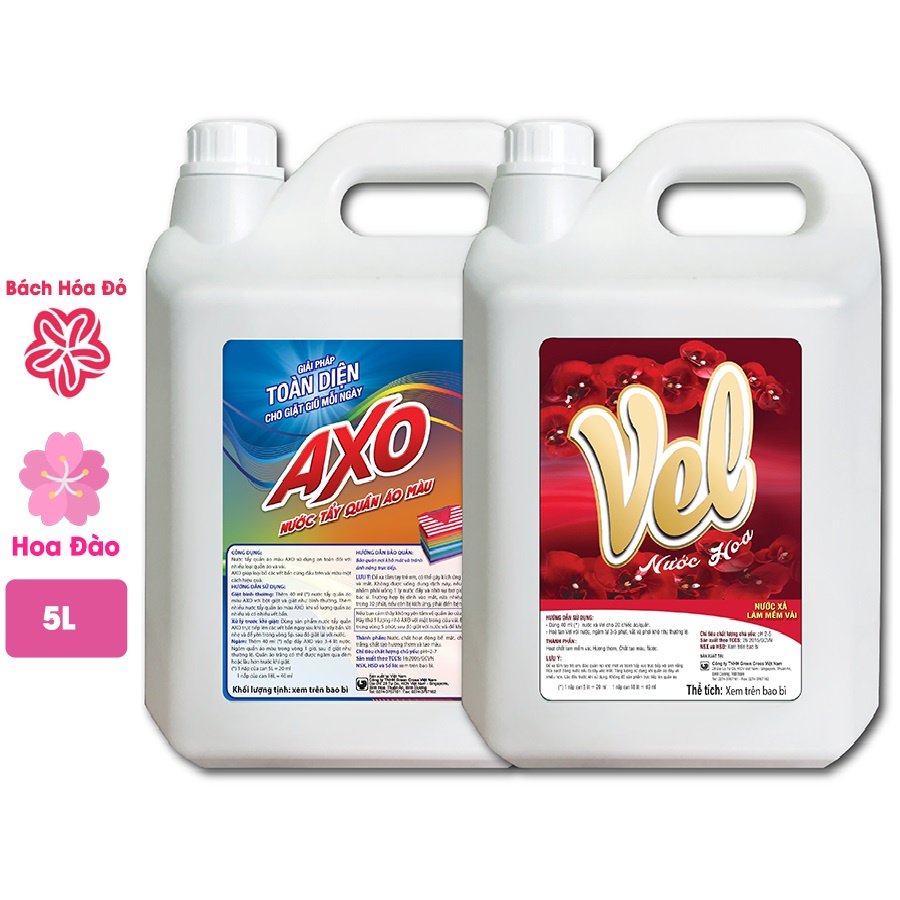 COMBO 1 can Nước Giặt Tẩy Vải Màu AXO can 5L + 1 can Nước Xả Vải VEL can 5L