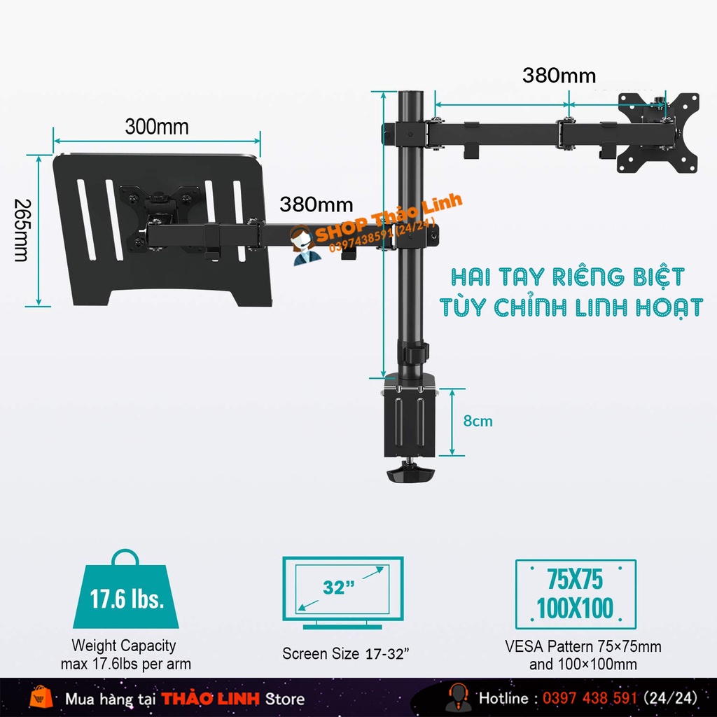 Giá Treo Màn Hình 17-32 Inch Kèm Giá Đỡ Laptop M076  / Tải Trọng 8Kg - Tay 38 Cm  - Lắp Đặt Kẹp Bàn