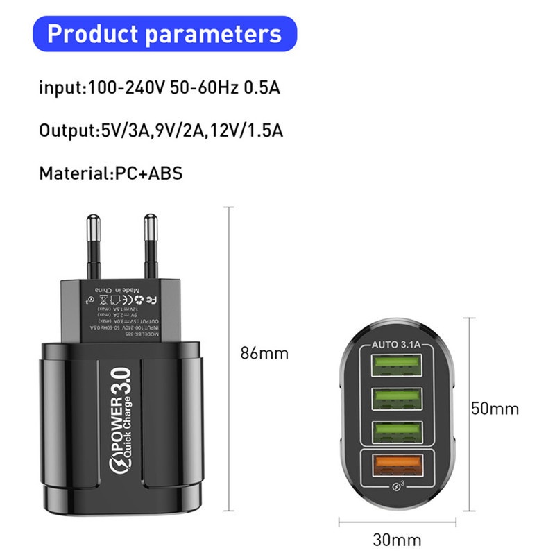 Củ sạc 4 cổng USB 48w phích cắm US EU cho điện thoại iPhone Android