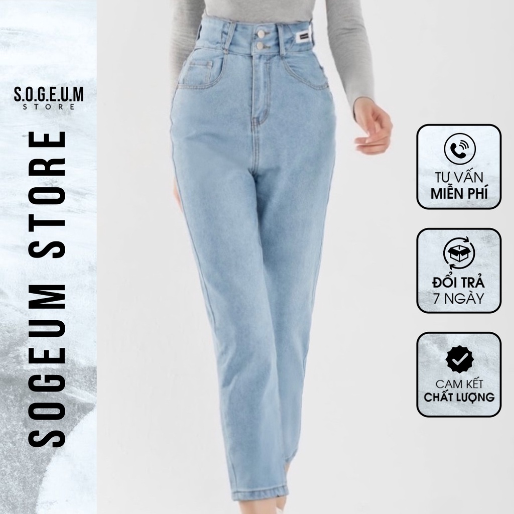 Quần jeans nữ dáng baggy cạp cao họa tiết trơn size S M L sogeum.store