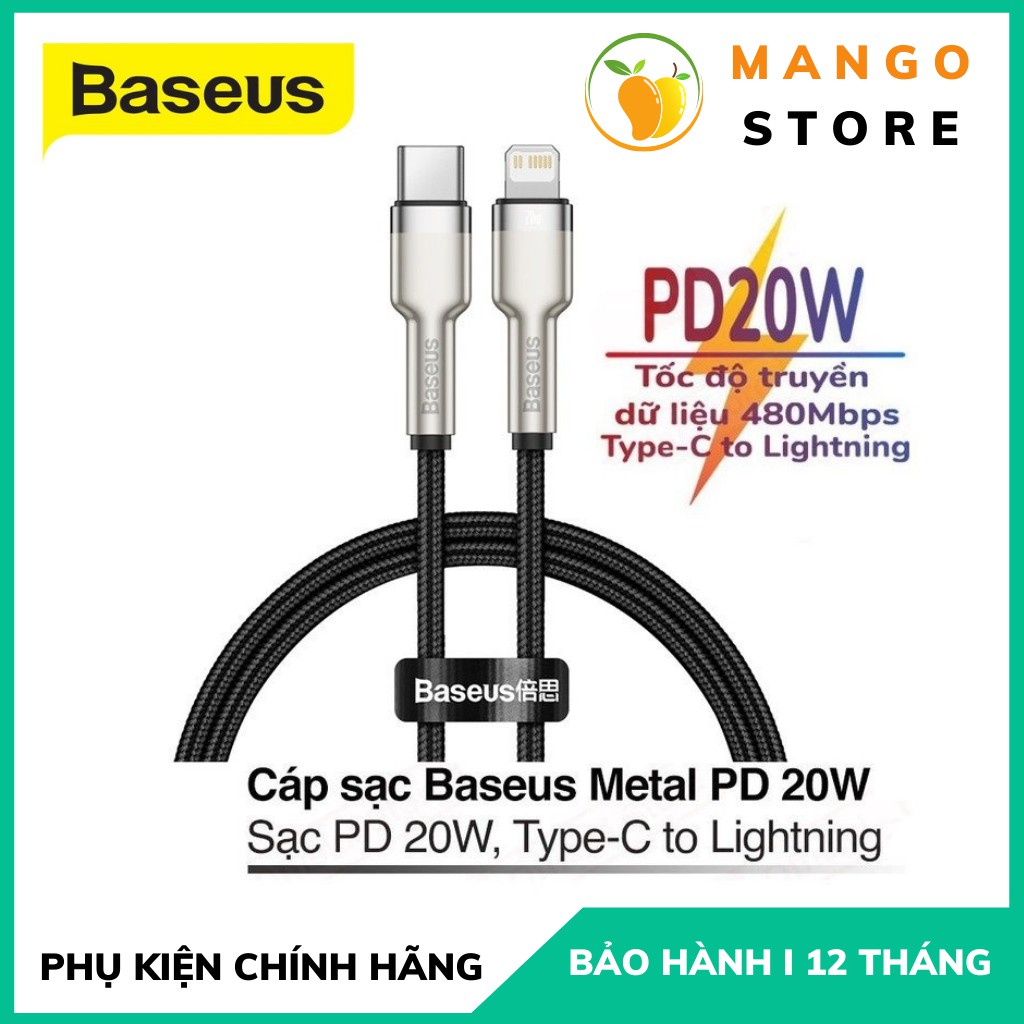 Cáp sạc nhanh 20w iPhone Type-C to Lightning Hỗ trợ truyền dữ liệu Dài 1M/2M Chính hãng Baseus