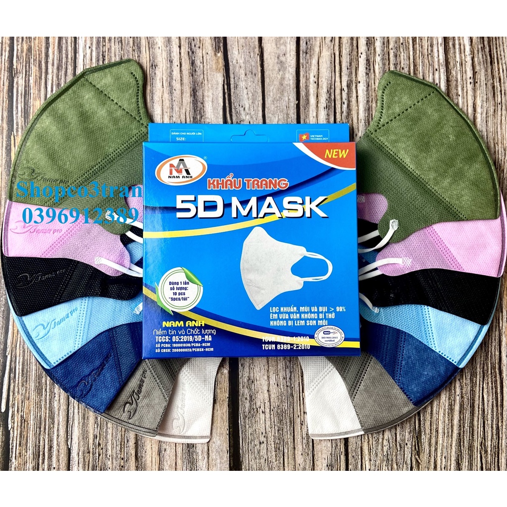 Khẩu trang 5D NAM ANH FAMAPRO Kháng Khuẩn 10 cái/ hộp Trắng, Xanh Rêu, Hồng, Xanh Y Tế, Xanh Navy, Xám, Đen