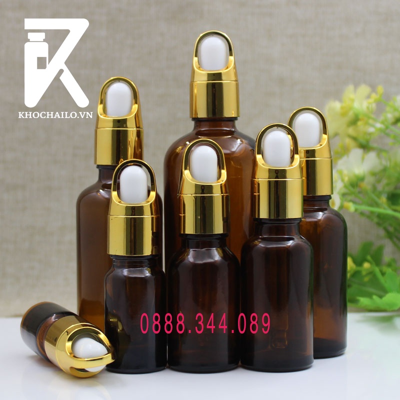 Chai thủy tinh, tinh dầu, serum nâu khoen quai xách vàng, ống thủy tinh bóp trắng 5ml,10ml,15ml,20ml,30ml,50ml,100ml