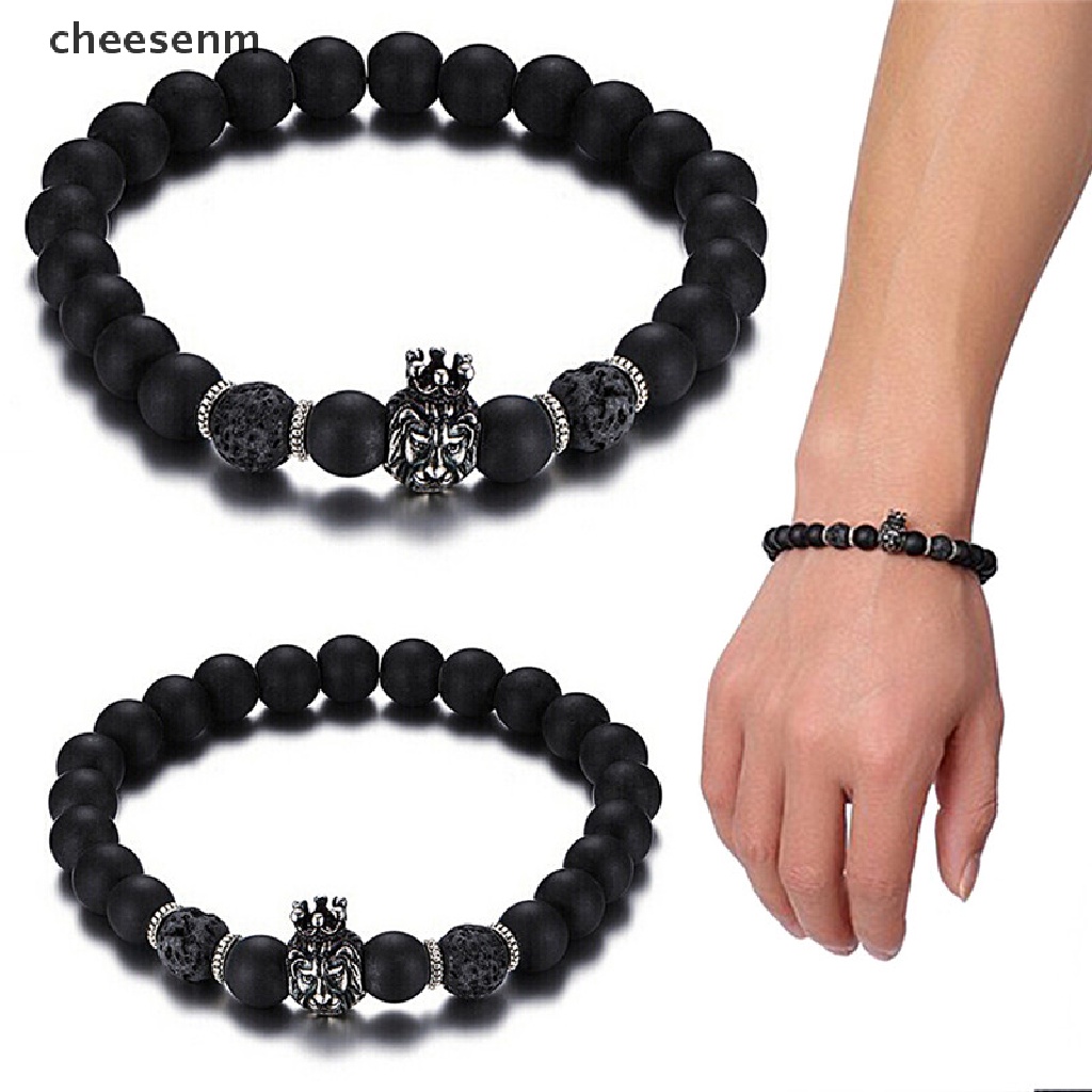 Vòng Tay Chuỗi Hạt Đá Lava Đầu Sư Tử Vương Miện Hợp Kim Mịn Màng Màu Đen Cho Nam