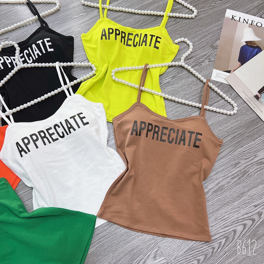 Áo hai dây body nữ phối chữ phía trước appreciate ( có mút ngực dày đẹp )