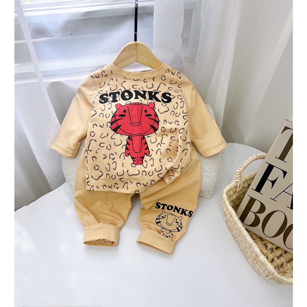 Bộ thu đông cho bé, bộ quần áo dài tay chú hổ STONK chất cotton size 8-30kg cho bé gái