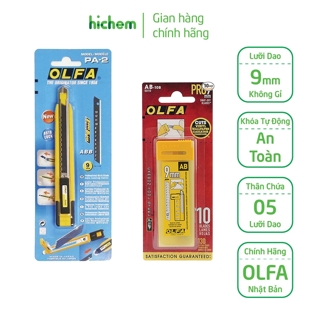 Dao Cắt OLFA PA-2 9mm Và Lưỡi Dao AB-10B Cắt Da, Vải Thân chứa 5 lưỡi thay thế