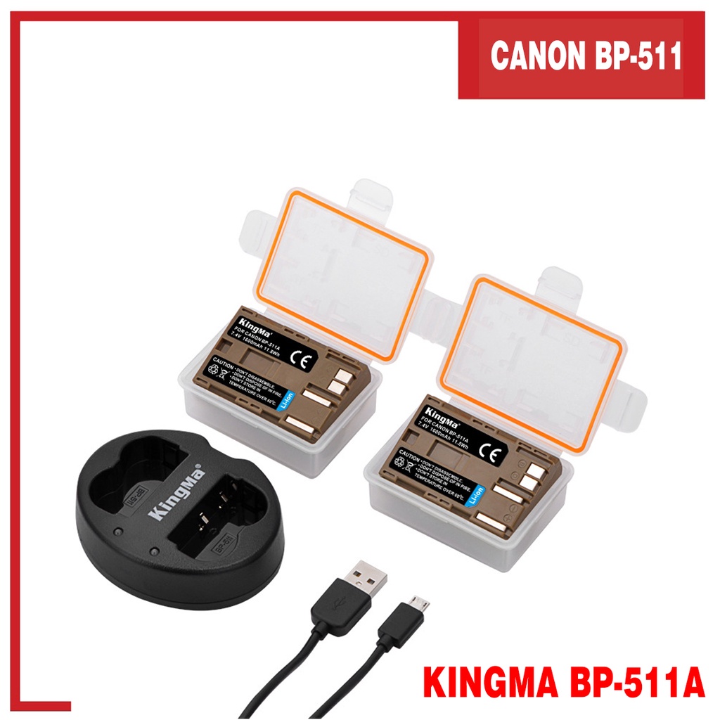 Bộ 2 Pin +1 Đốc sạc đôi BP-511A cho Canon 5D 50D 40D 30D 20D 10D 300D - KingMa chính hãng
