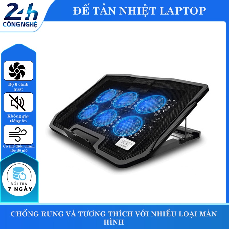 Đế tản nhiệt laptop 6 quạt, đèn LED, chạy êm, làm mát cực nhanh, hai cổng USB tiện lợi - K1305