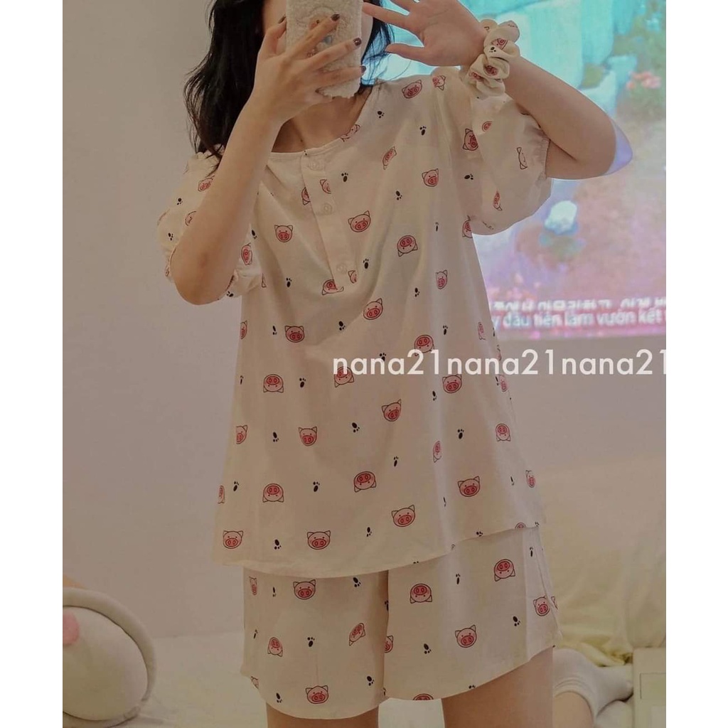 Set đồ bộ ngủ nữ mặc nhà họa tiết cute nhiều mẫu vải xốp kèm chun buộc tóc