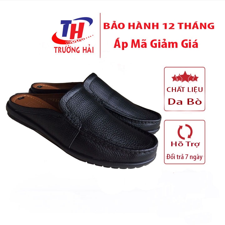 Dép Nam Bít Mũi Trường Hải Da Bò Thật Mềm Mại Màu xanh rêu Đế Cao Su Không trơn Dép May chắc chắn BM200