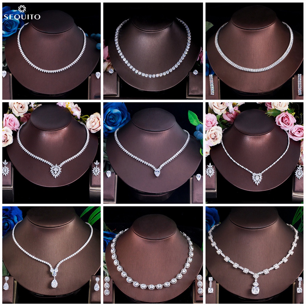 Sequito Bộ Vòng cổ + Bông Tai Đính Đá Zircon Phong Cách Hàn Quốc Cho Cô Dâu js162