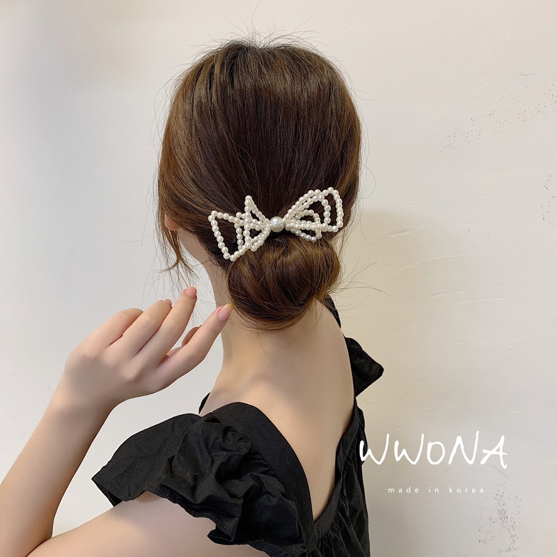 Kẹp Tóc Hình Nơ Lớn Đính Ngọc Trai Đơn Giản Thời Trang Phong Cách Hàn Quốc