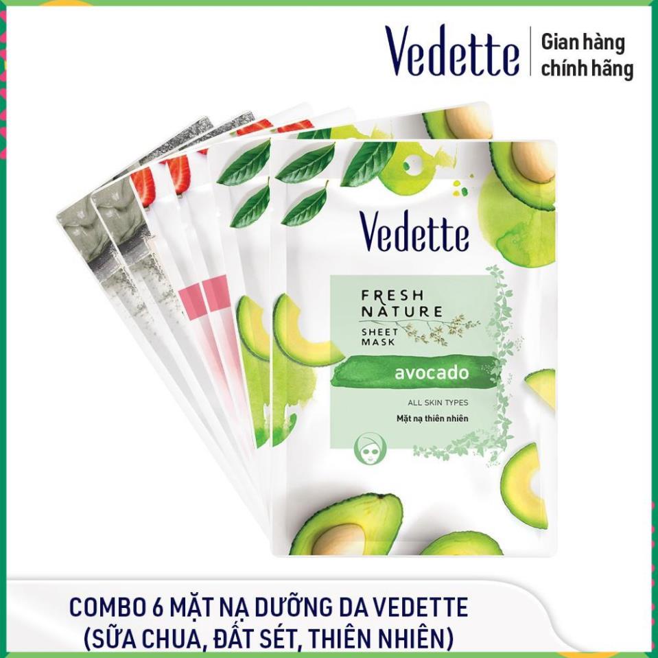 ☘️ COMBO 6 MẶT NẠ DƯỠNG DA VEDETTE  - THIÊN NHIÊN BƠ, SC DÂU 10ml VÀ ĐS BÙN 12g