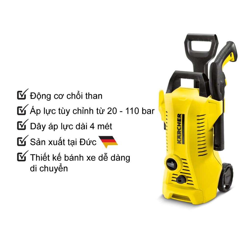 (Sản xuất Đức) Máy phun rửa áp lực Karcher K2 full control car công suất 1400w áp lực 20-110 bar, lưu lượng nước 360l/h