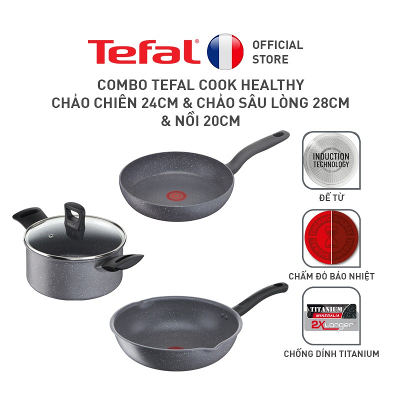 [Mã LIFEHL25 giảm 10% đơn 350K] Bộ nồi chảo Tefal Cook Healthy 3pcs (Chảo 24/Chảo sâu 28/ Nồi 20)