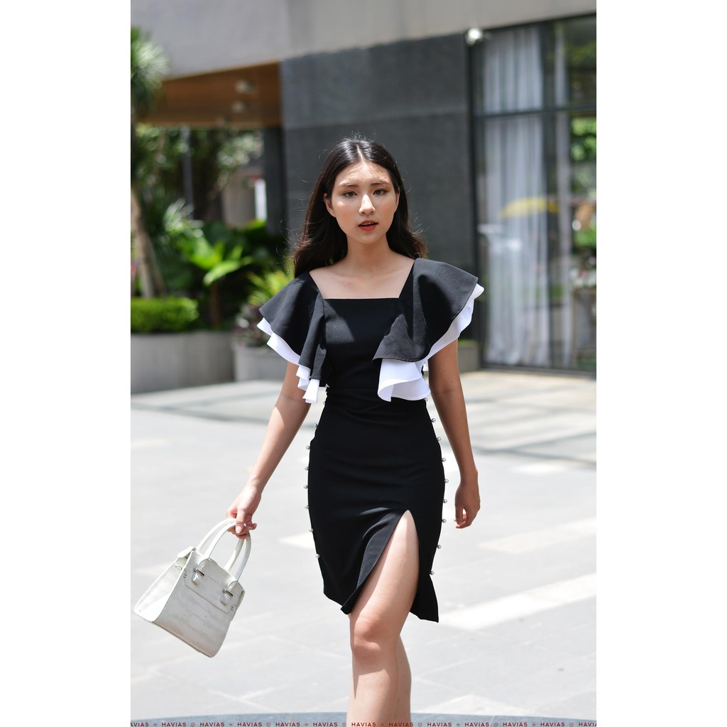 Đầm Cascade Sleeve White Pearls Line Black Dress HAVIAS