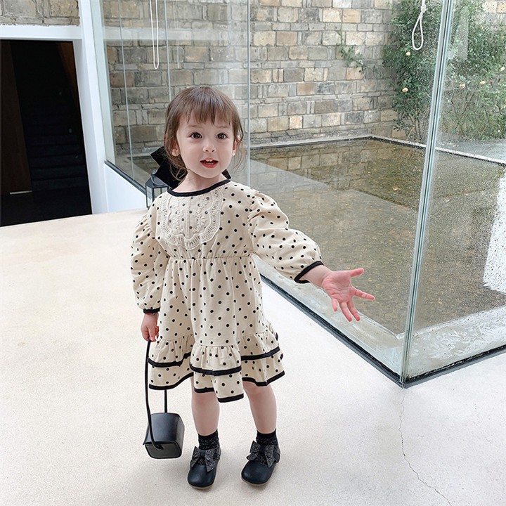 Đầm công chúa Dài Tay Họa Tiết Chấm Bi Dễ Thương Cho Bé