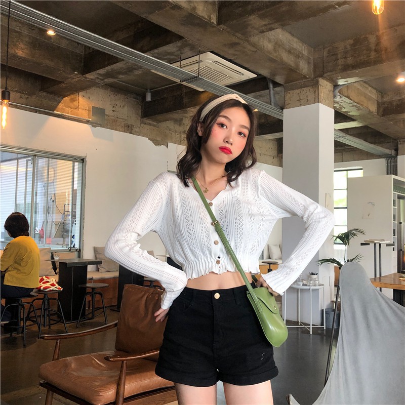 😘 Áo croptop xuân thu dài tay dáng cardigan bo eo dễ thương