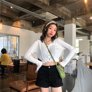😘 Áo croptop xuân thu dài tay dáng cardigan bo eo dễ thương