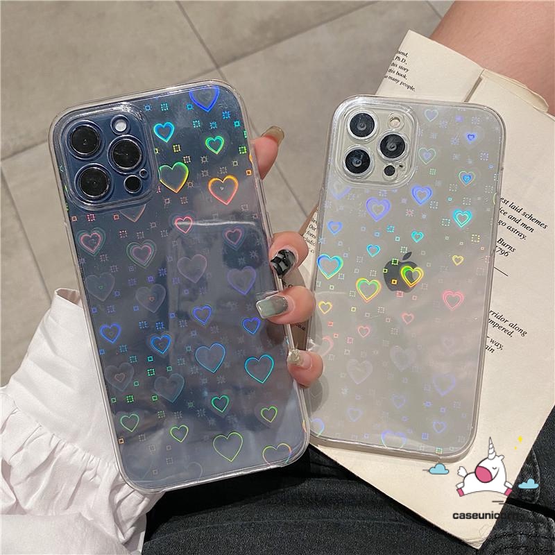 Ốp điện thoại TPU mềm hình trái tim màu sắc laser xinh xắn thích hợp cho iPhone 13 12 11 X XR XS Max 6 6s 7 8 Plus SE