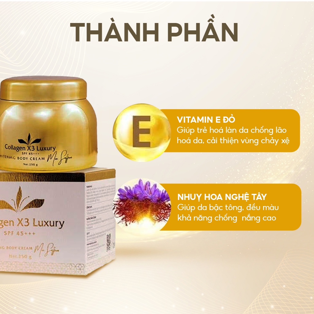Kem dưỡng trắng body collagen x3 luxury giúp trẻ hoá nâng bậc tone cùng khả năng chống nắng cao 250g – Beauty at home