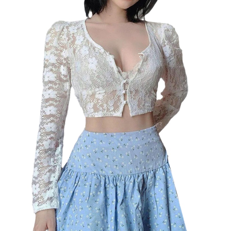 Áo croptop tay dài cổ chữ V phối ren hoa gợi cảm cho nữ