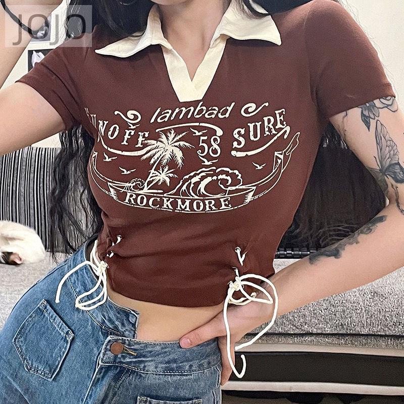 Áo Thun Ngắn Ôm Eo Cột Dây Cổ Lật Màu Sắc Tương Phản Phong Cách Retro Đường Phố Mỹ Cho Nữ