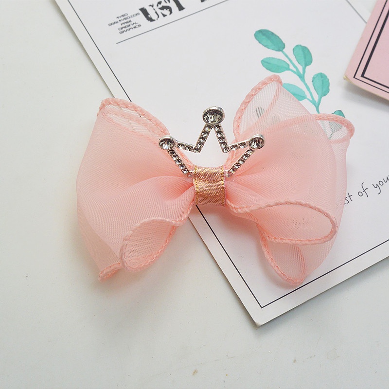 Kẹp Tóc Hình Vương Miện Đính Hạt Ngọc Trai Phối Ren Lưới Màu Hồng Xinh Xắn Cho Bé Gái