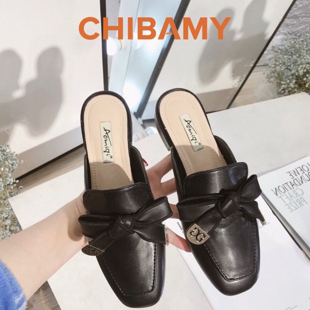 Giày Sục nữ DG mũi vuông CHIBAMY chất da mềm thắt nơ phong cách nhẹ nhàng, sang chảnh đế 2cm