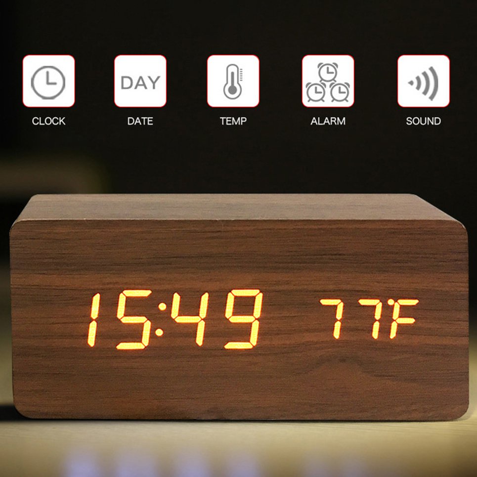 Creative Smart Multifunctional Led Wooden Electronic Alarm Clock Luminous Mute