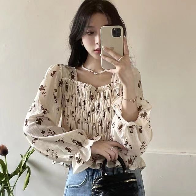 Áo kiểu BH tay dài cổ vuông in họa tiết hoa thời trang mùa thu cho nữ