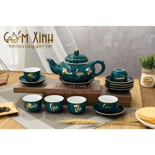 Ấm chén Bát Tràng_Bộ trà Phúc lộc thọ xanh cửu long vàng kim