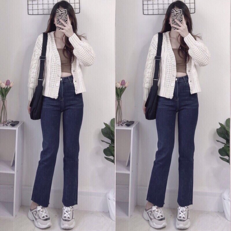 Quần jeans nữ ống đứng loe xuông, quần bò nữ lưng cao co dãn