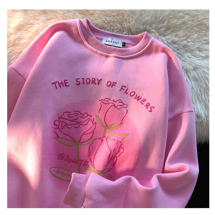 Áo sweater Lông Cừu Dày Tay Dài Dáng Rộng In Hình Hoa Tulip Kiểu Hàn Quốc Thời Trang Mùa Đông Cho Bạn Gái