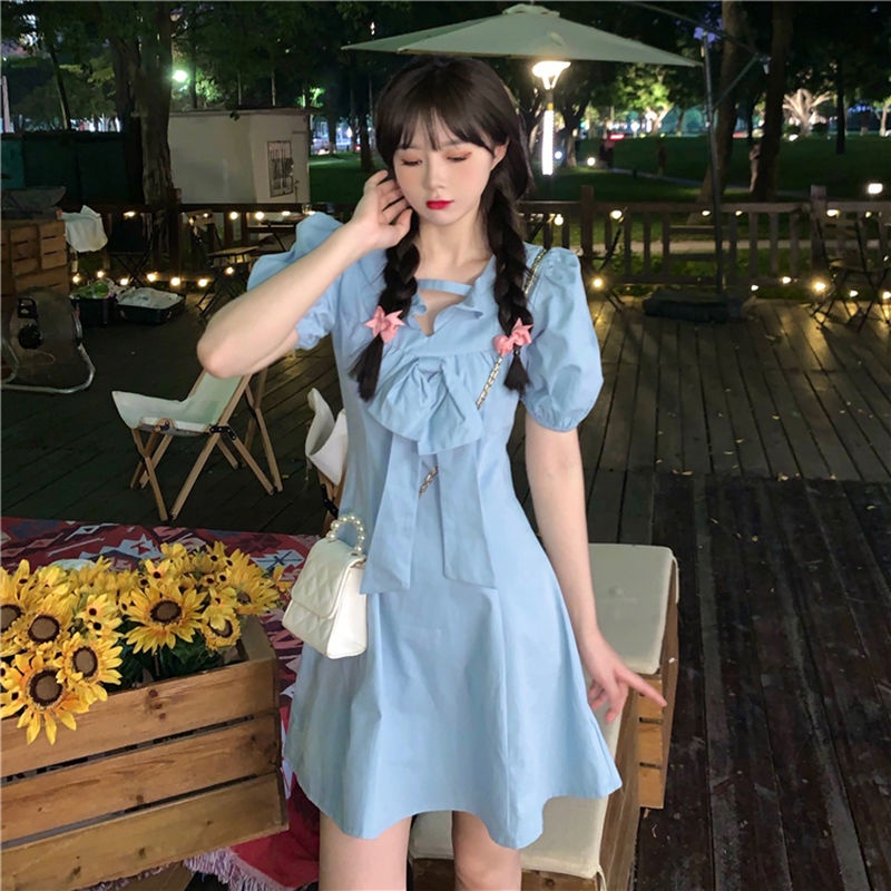 AMOI Đầm Tay Phồng Cổ Chữ V Màu Trơn Dễ Thương Dành Cho Nữ 2022