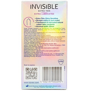 Bao cao su DUREX Invisible Extra Thin Lubricated 10 cái (siêu mỏng, bôi trơn)