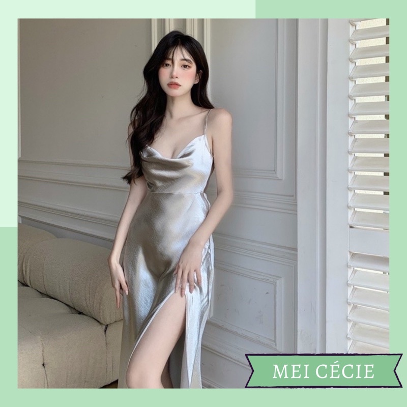 Đầm lụa bóng xẻ tà 2 dây cổ đổ cao cấp (ảnh thật)