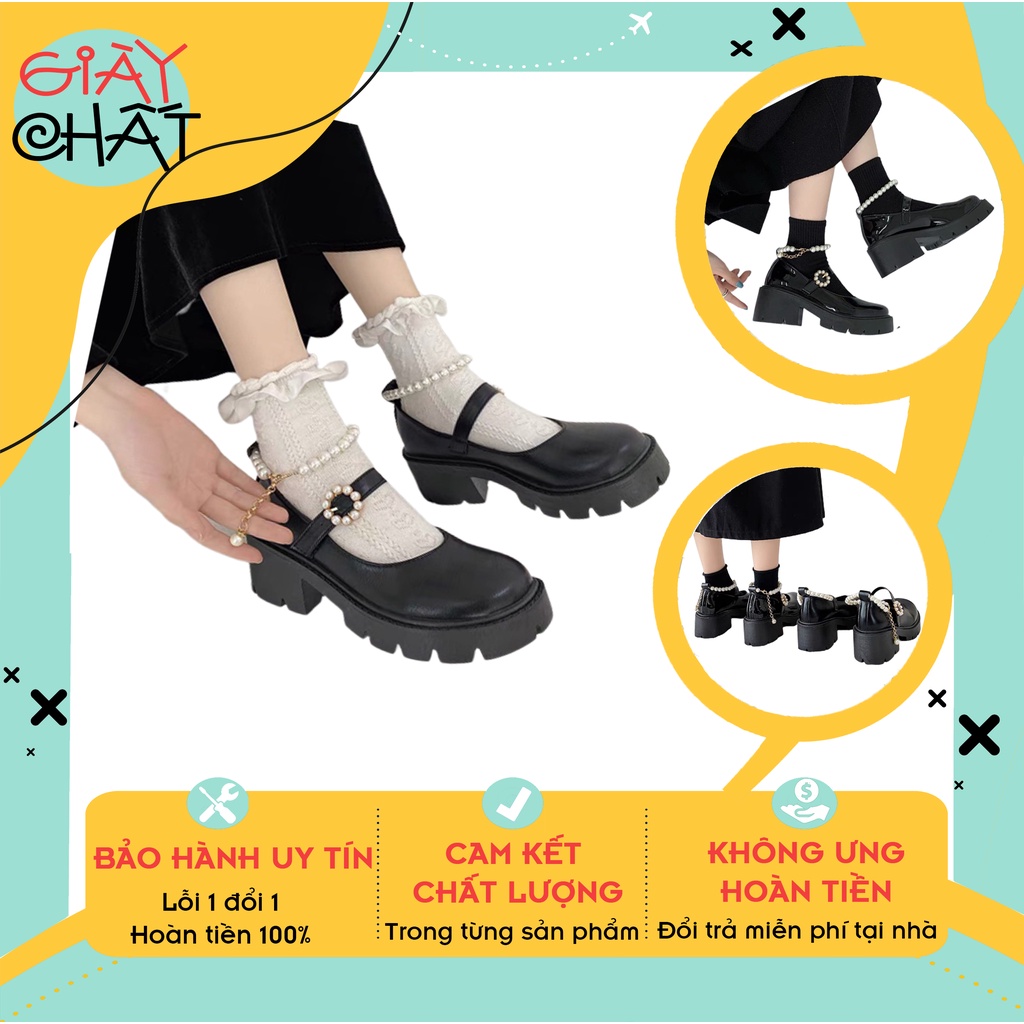 Giày búp bê nữ đế cao 5p gót vuông chất da bóng, Giày oxford nữ mũi tròn quai đính ngọc chất da bóng/ lì hottrend